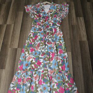 Floral Midi Dress | Blue Pink Green | Puff Sleeve Summer Dress